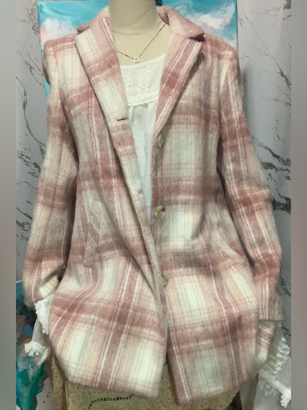 Women's Pink Plaid Wool-Blend Coat
